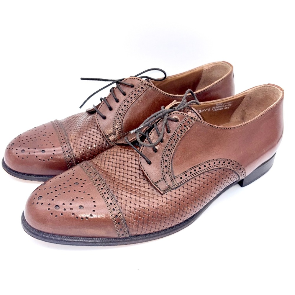 Bostonian Florentine Mens Brown Woven Leather Cap Toe Oxford Shoes Italy 10 M